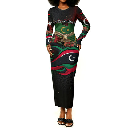 Libya Revolution Day Long Sleeve Bodycon Dress Flying Eagle Libyan Coat Of Arms Map - Land Of Resilience And Pride