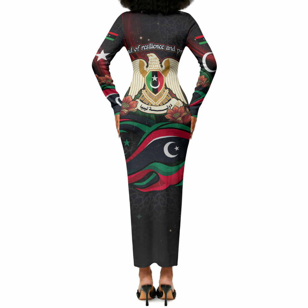 Libya Revolution Day Long Sleeve Bodycon Dress Flying Eagle Libyan Coat Of Arms Map - Land Of Resilience And Pride