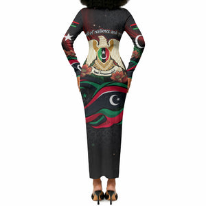 Libya Revolution Day Long Sleeve Bodycon Dress Flying Eagle Libyan Coat Of Arms Map - Land Of Resilience And Pride