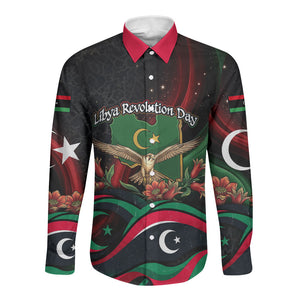 Libya Revolution Day Long Sleeve Button Shirt Flying Eagle Libyan Coat Of Arms Map - Land Of Resilience And Pride