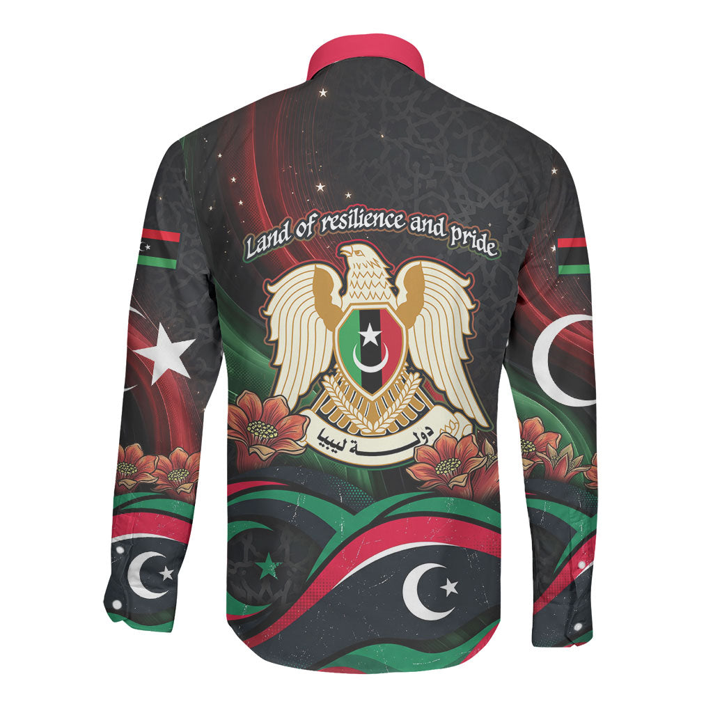 Libya Revolution Day Long Sleeve Button Shirt Flying Eagle Libyan Coat Of Arms Map - Land Of Resilience And Pride
