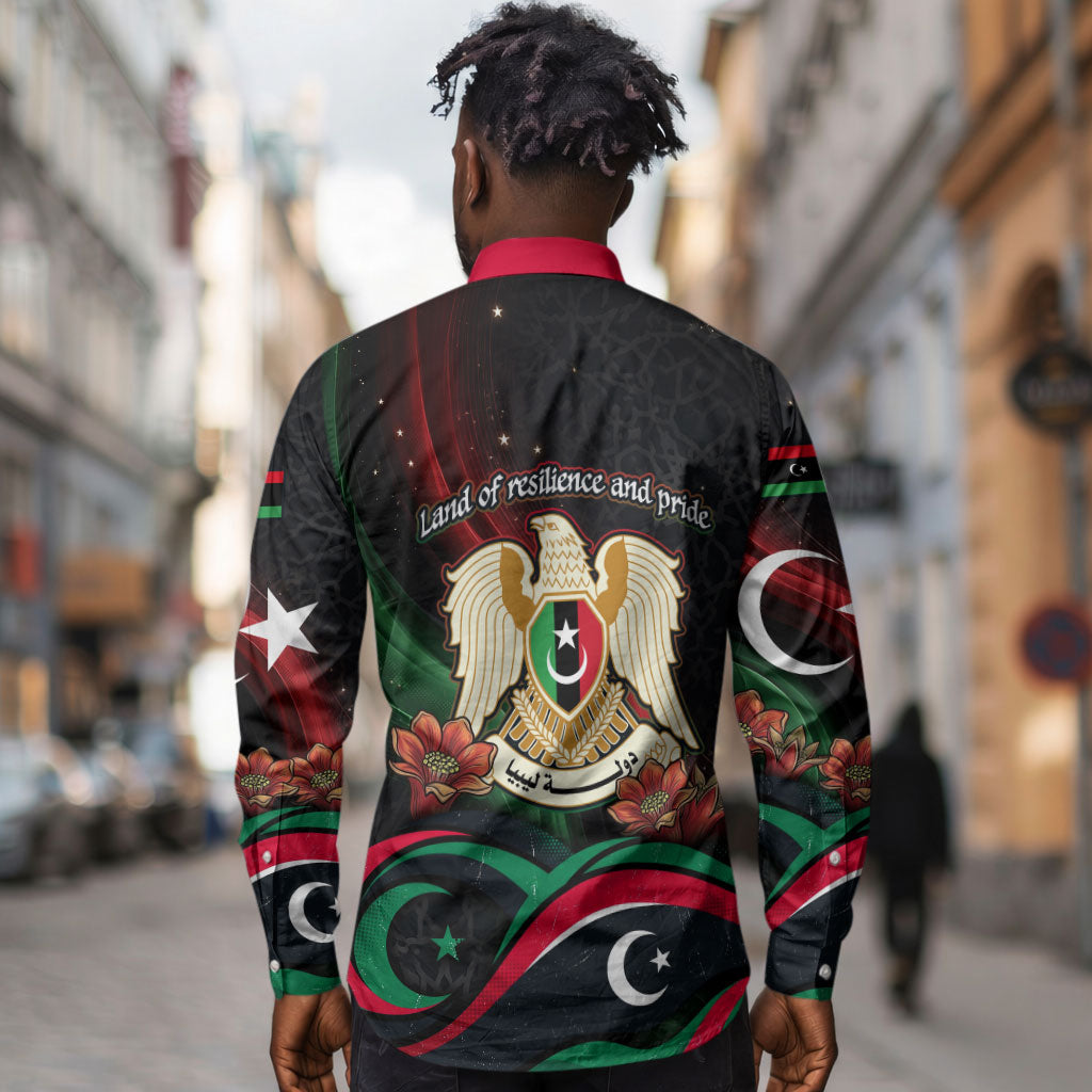 Libya Revolution Day Long Sleeve Button Shirt Flying Eagle Libyan Coat Of Arms Map - Land Of Resilience And Pride