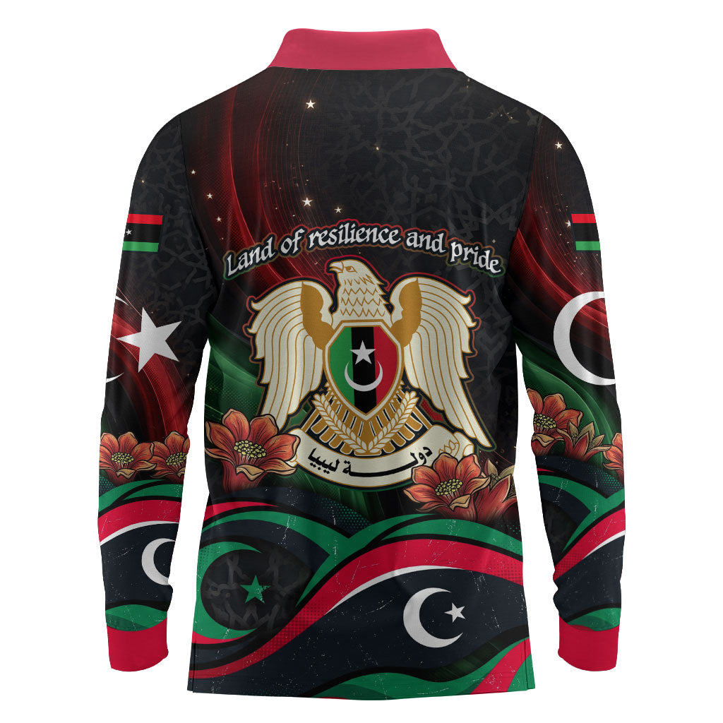 Libya Revolution Day Long Sleeve Polo Shirt Flying Eagle Libyan Coat Of Arms Map - Land Of Resilience And Pride