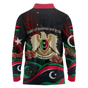 Libya Revolution Day Long Sleeve Polo Shirt Flying Eagle Libyan Coat Of Arms Map - Land Of Resilience And Pride