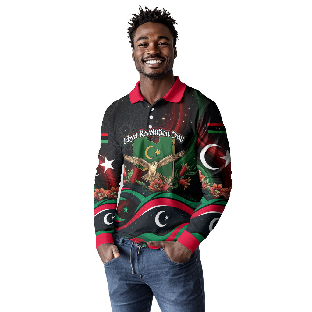 Libya Revolution Day Long Sleeve Polo Shirt Flying Eagle Libyan Coat Of Arms Map - Land Of Resilience And Pride