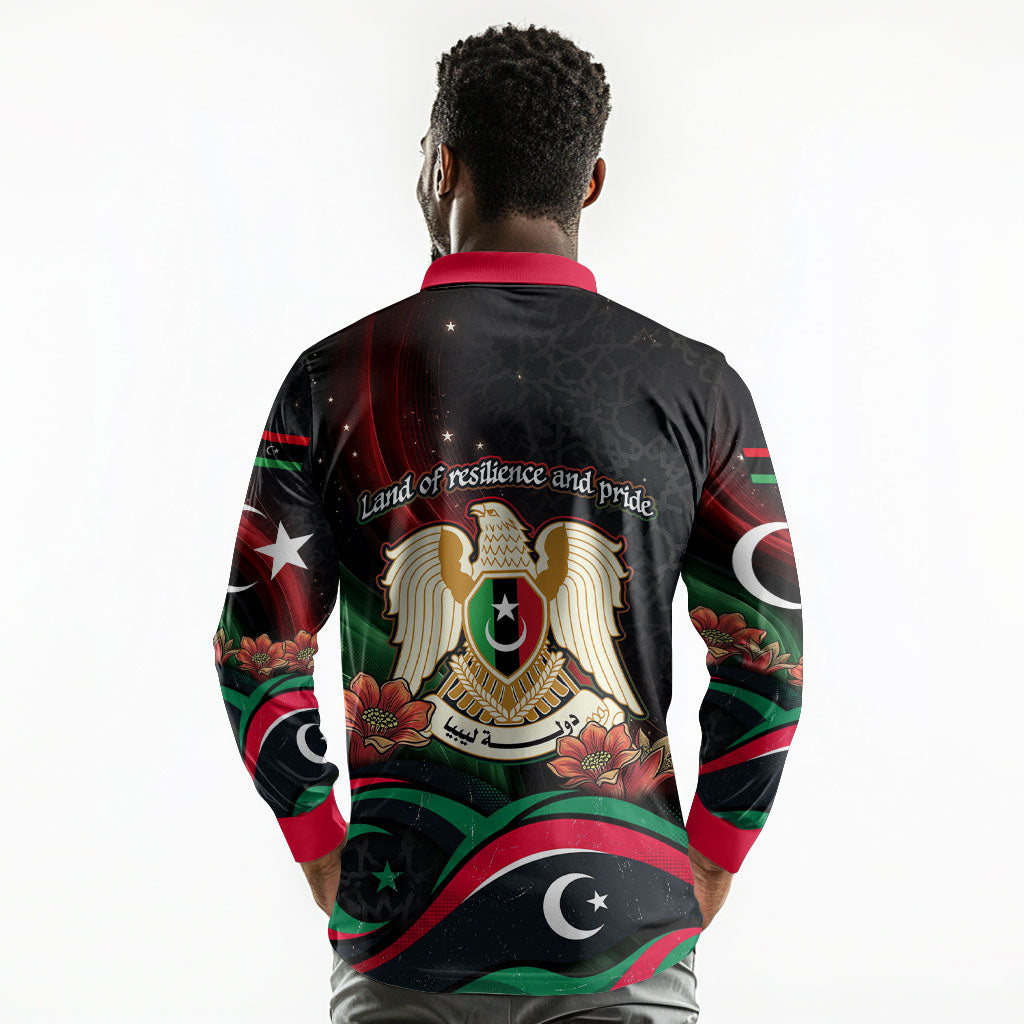 Libya Revolution Day Long Sleeve Polo Shirt Flying Eagle Libyan Coat Of Arms Map - Land Of Resilience And Pride