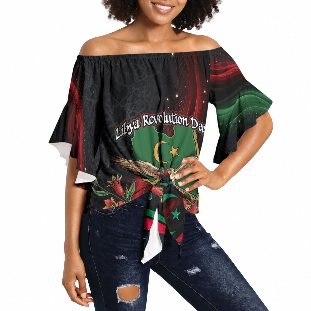 Libya Revolution Day Off Shoulder Wrap Waist Top Flying Eagle Libyan Coat Of Arms Map - Land Of Resilience And Pride