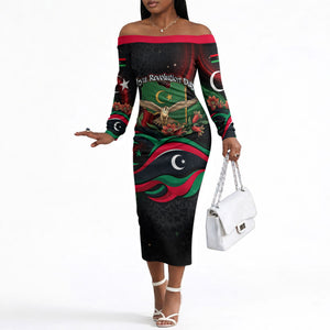 Libya Revolution Day Off The Shoulder Long Sleeve Dress Flying Eagle Libyan Coat Of Arms Map - Land Of Resilience And Pride