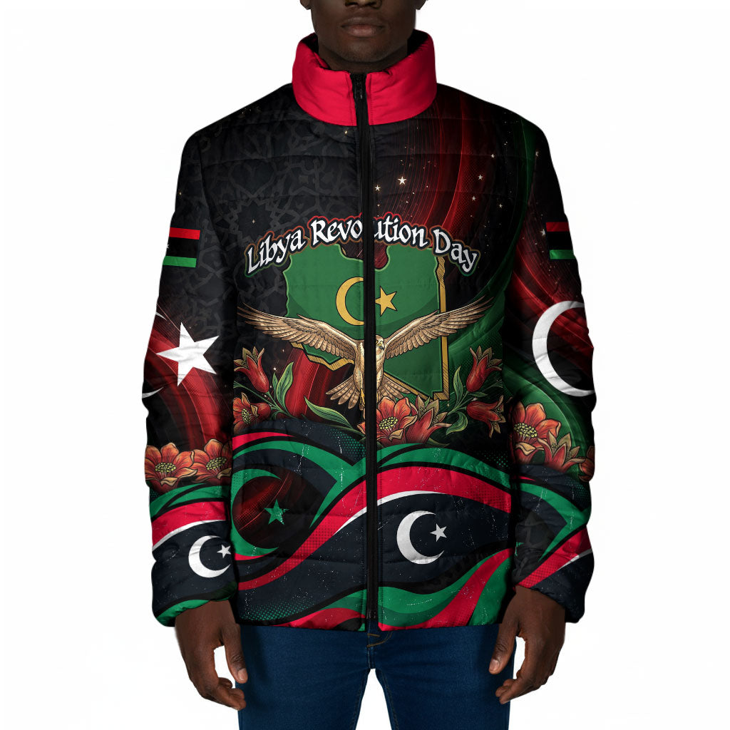 Libya Revolution Day Padded Jacket Flying Eagle Libyan Coat Of Arms Map - Land Of Resilience And Pride