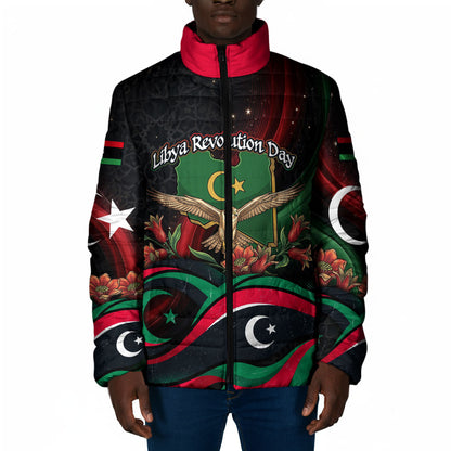 Libya Revolution Day Padded Jacket Flying Eagle Libyan Coat Of Arms Map - Land Of Resilience And Pride