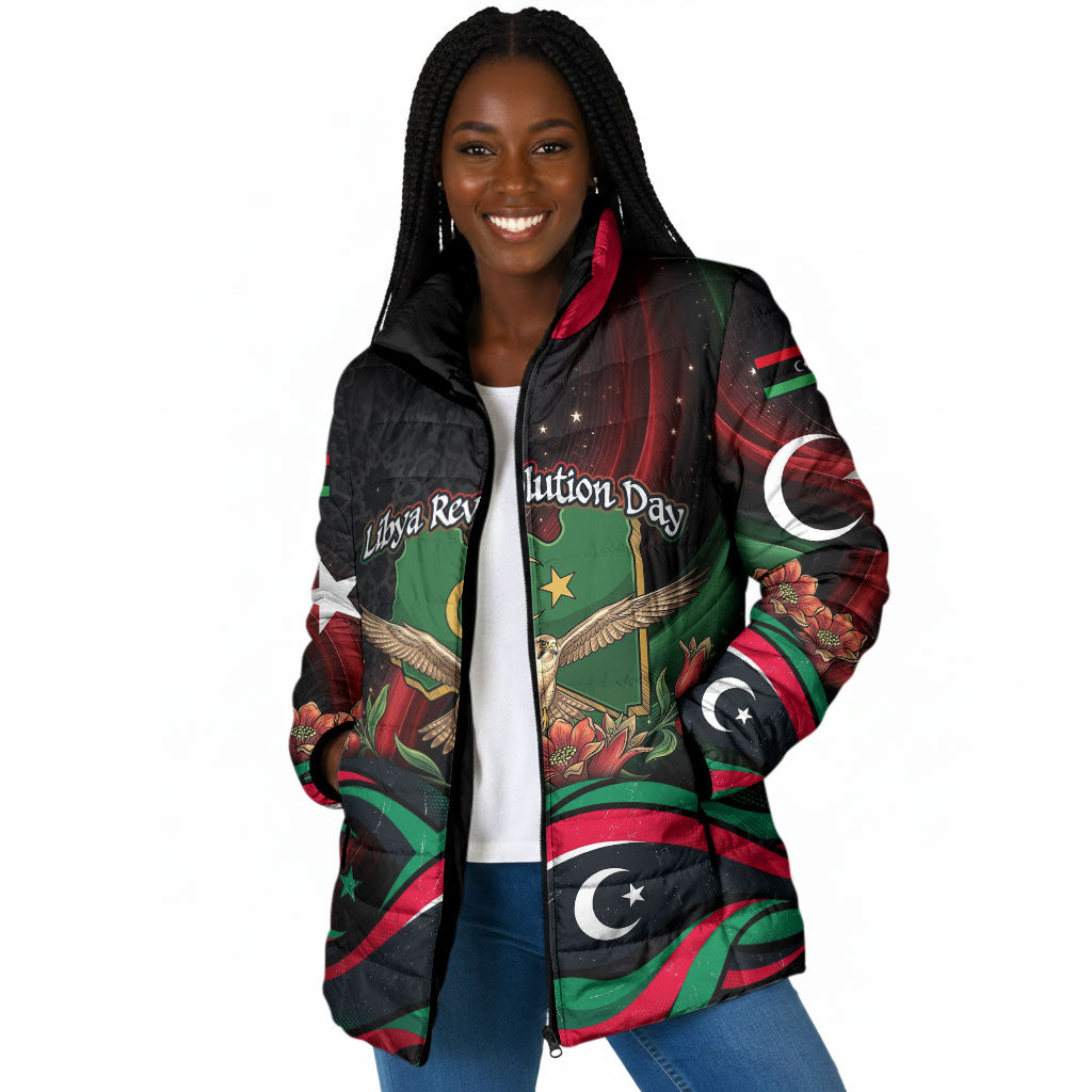 Libya Revolution Day Padded Jacket Flying Eagle Libyan Coat Of Arms Map - Land Of Resilience And Pride