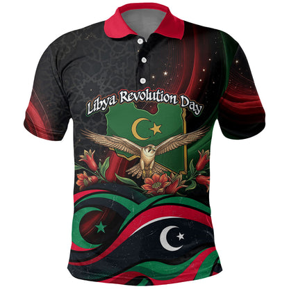 Libya Revolution Day Polo Shirt Flying Eagle Libyan Coat Of Arms Map - Land Of Resilience And Pride