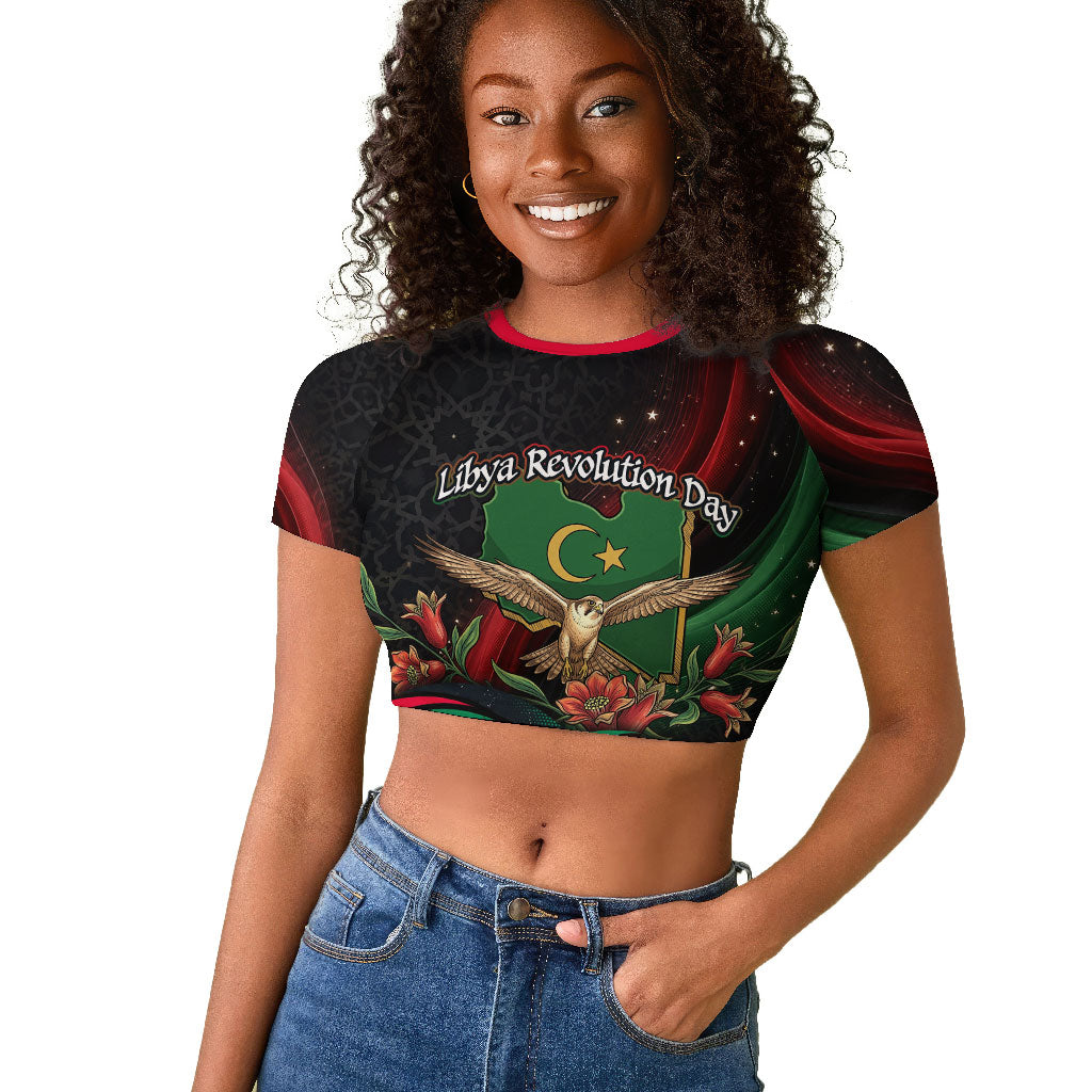 Libya Revolution Day Raglan Cropped T shirt Flying Eagle Libyan Coat Of Arms Map - Land Of Resilience And Pride