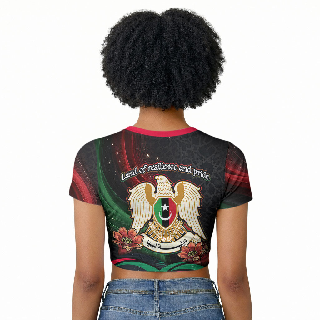 Libya Revolution Day Raglan Cropped T shirt Flying Eagle Libyan Coat Of Arms Map - Land Of Resilience And Pride