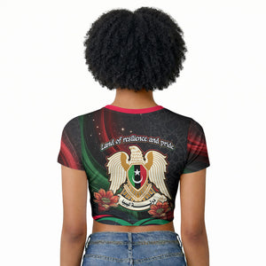 Libya Revolution Day Raglan Cropped T shirt Flying Eagle Libyan Coat Of Arms Map - Land Of Resilience And Pride