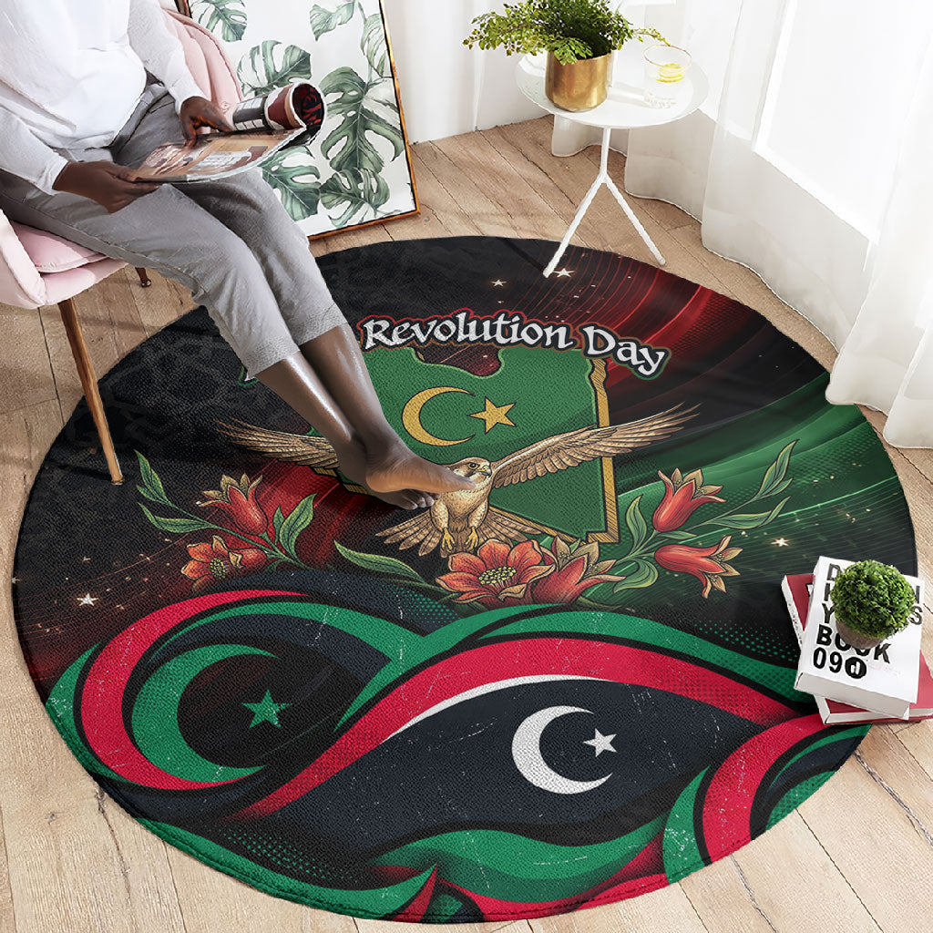 Libya Revolution Day Round Carpet Flying Eagle Libyan Coat Of Arms Map - Land Of Resilience And Pride