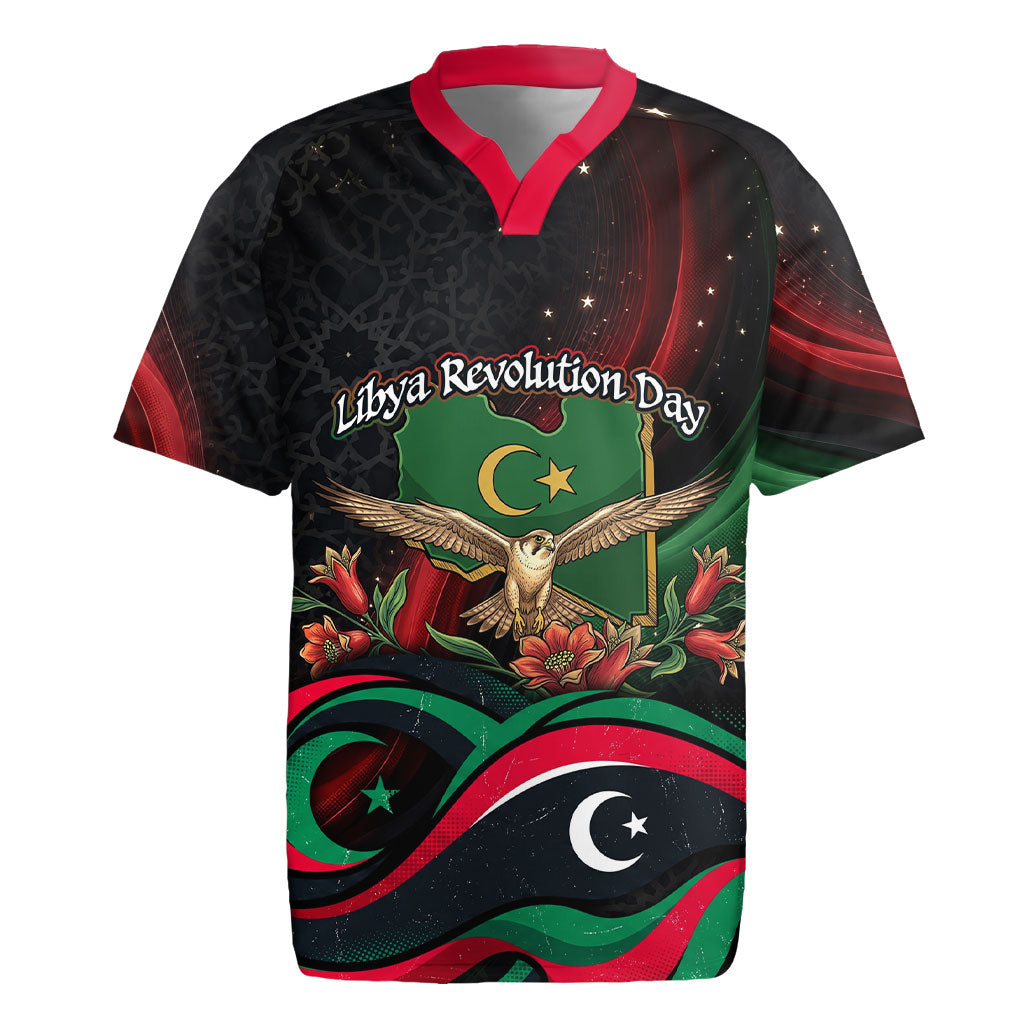 Libya Revolution Day Rugby Jersey Flying Eagle Libyan Coat Of Arms Map - Land Of Resilience And Pride