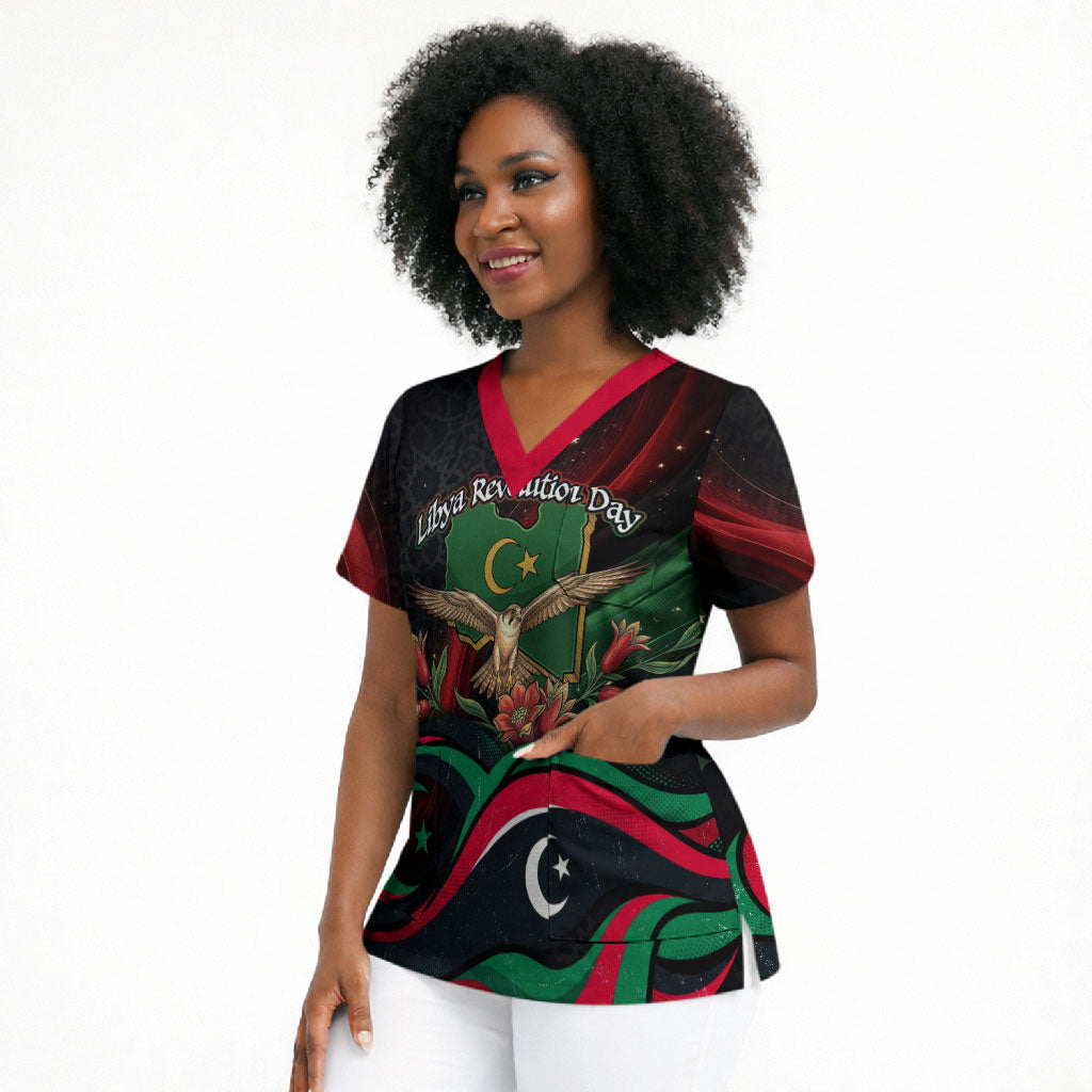 Libya Revolution Day Scrub Top Flying Eagle Libyan Coat Of Arms Map - Land Of Resilience And Pride