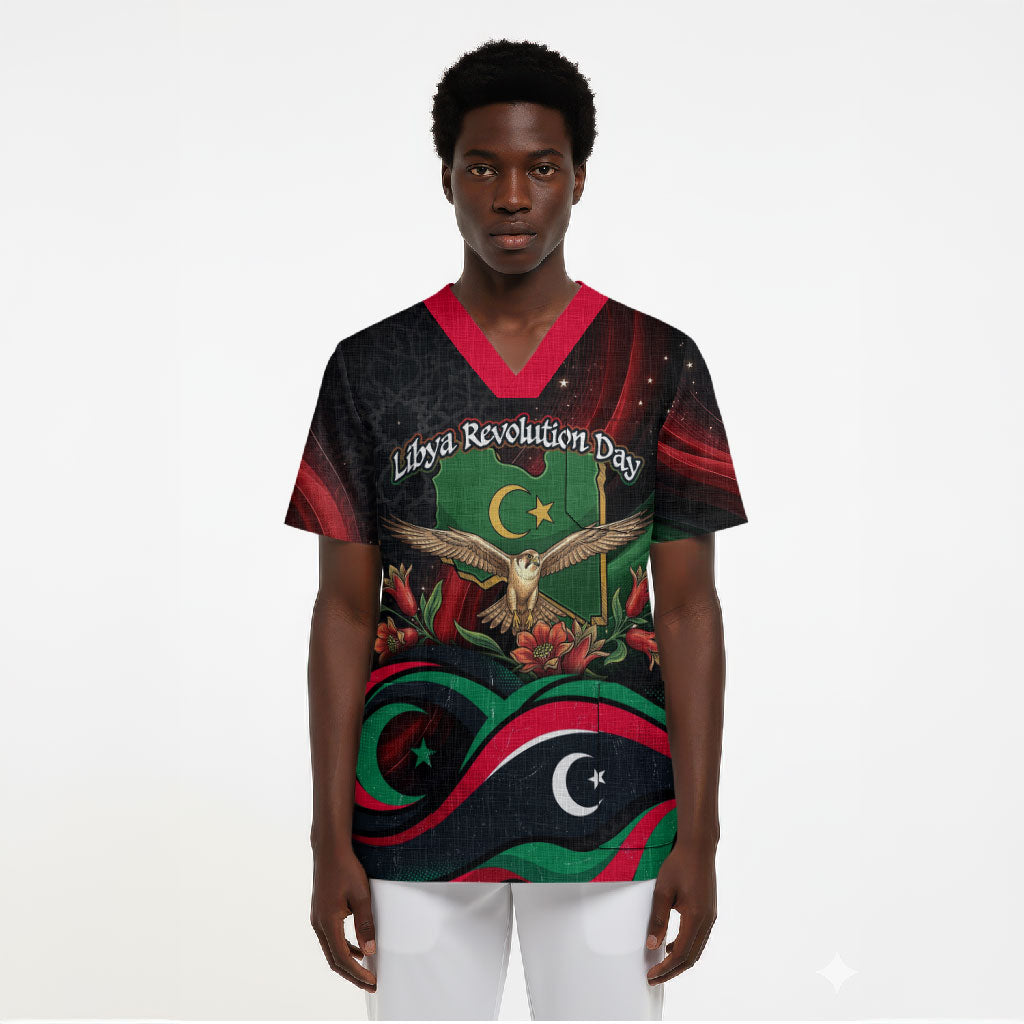 Libya Revolution Day Scrub Top Flying Eagle Libyan Coat Of Arms Map - Land Of Resilience And Pride