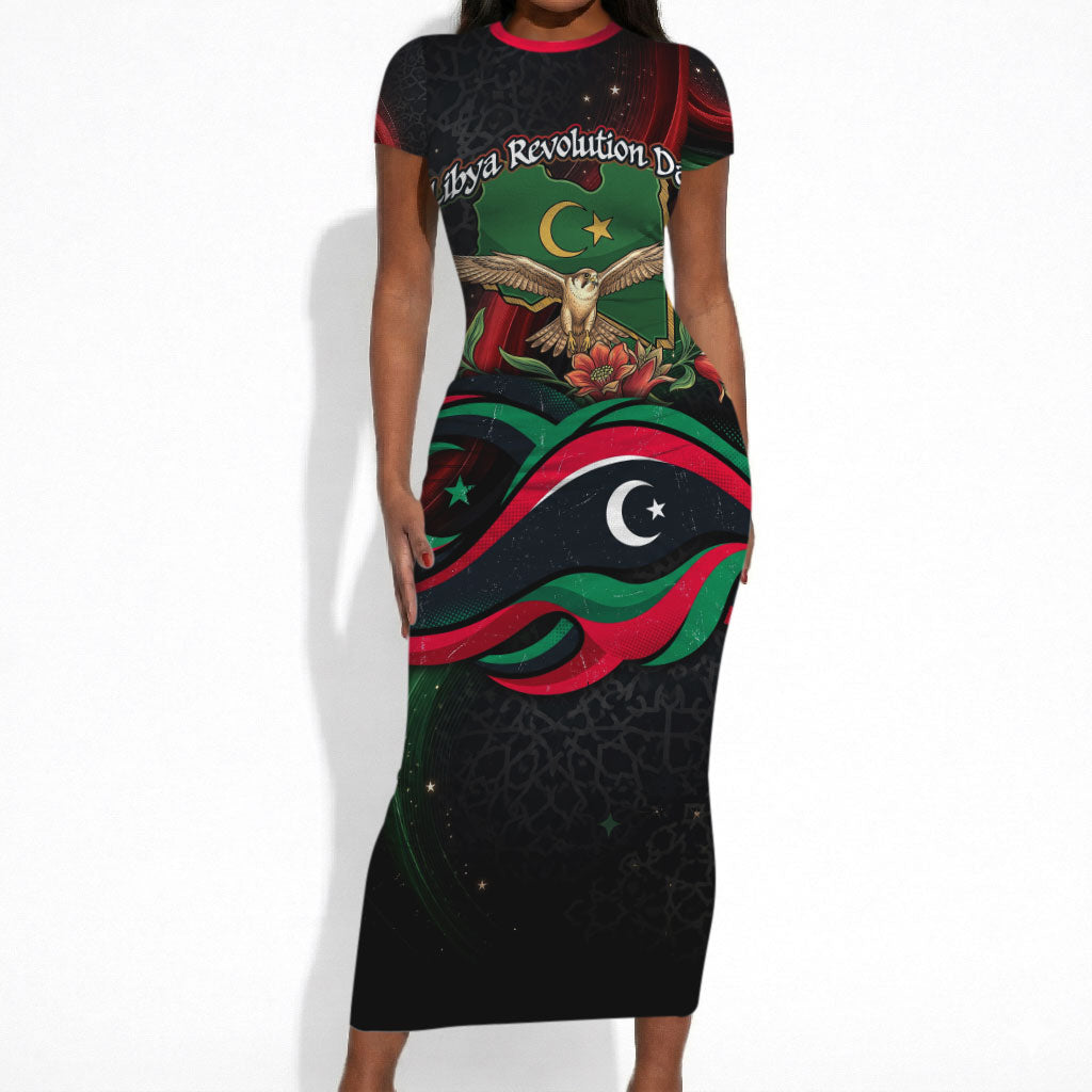 Libya Revolution Day Short Sleeve Bodycon Dress Flying Eagle Libyan Coat Of Arms Map - Land Of Resilience And Pride