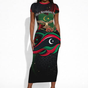 Libya Revolution Day Short Sleeve Bodycon Dress Flying Eagle Libyan Coat Of Arms Map - Land Of Resilience And Pride