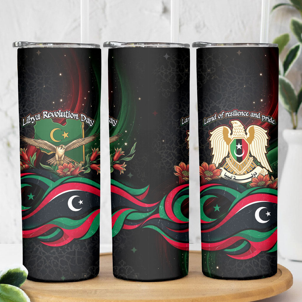 Libya Revolution Day Skinny Tumbler Flying Eagle Libyan Coat Of Arms Map - Land Of Resilience And Pride