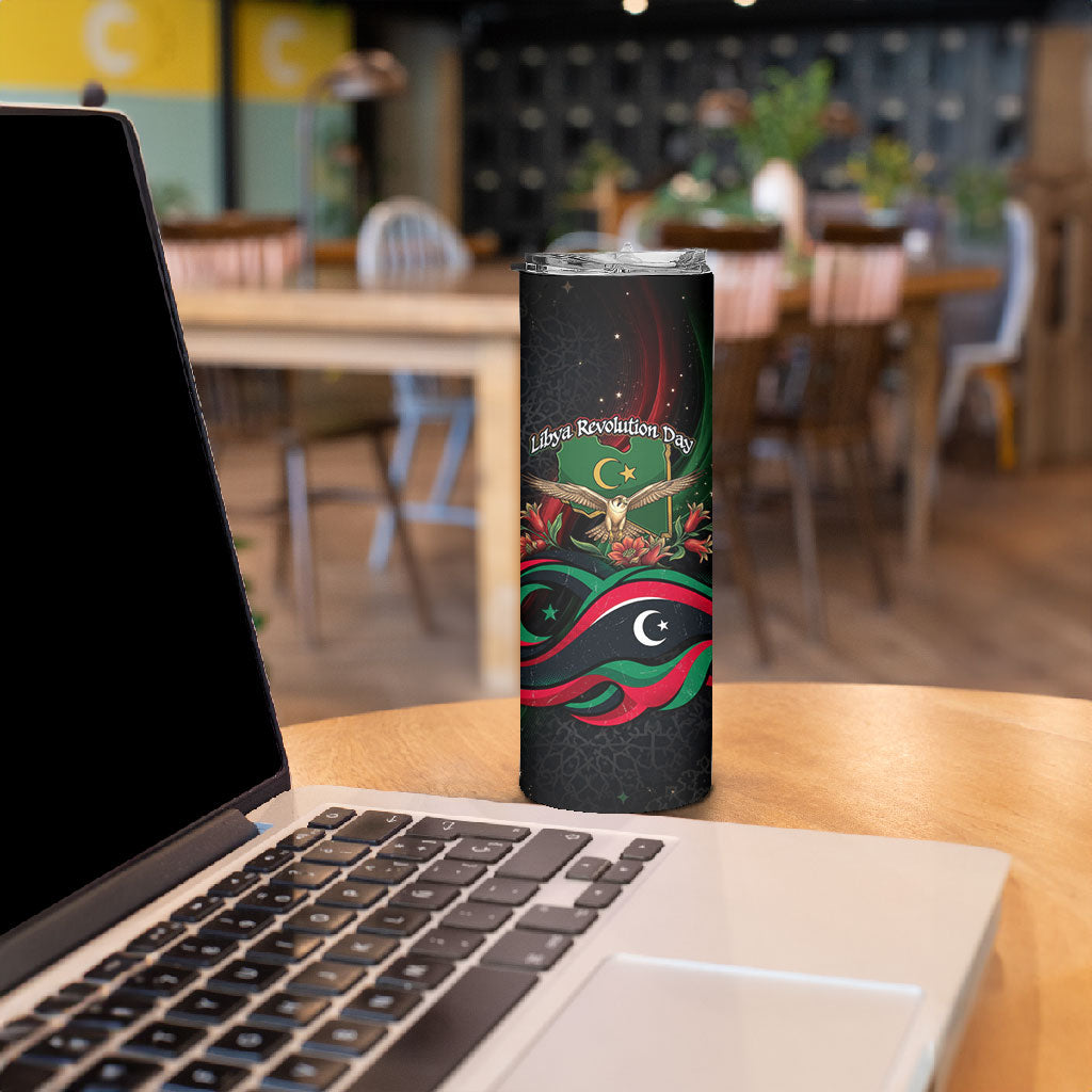 Libya Revolution Day Skinny Tumbler Flying Eagle Libyan Coat Of Arms Map - Land Of Resilience And Pride