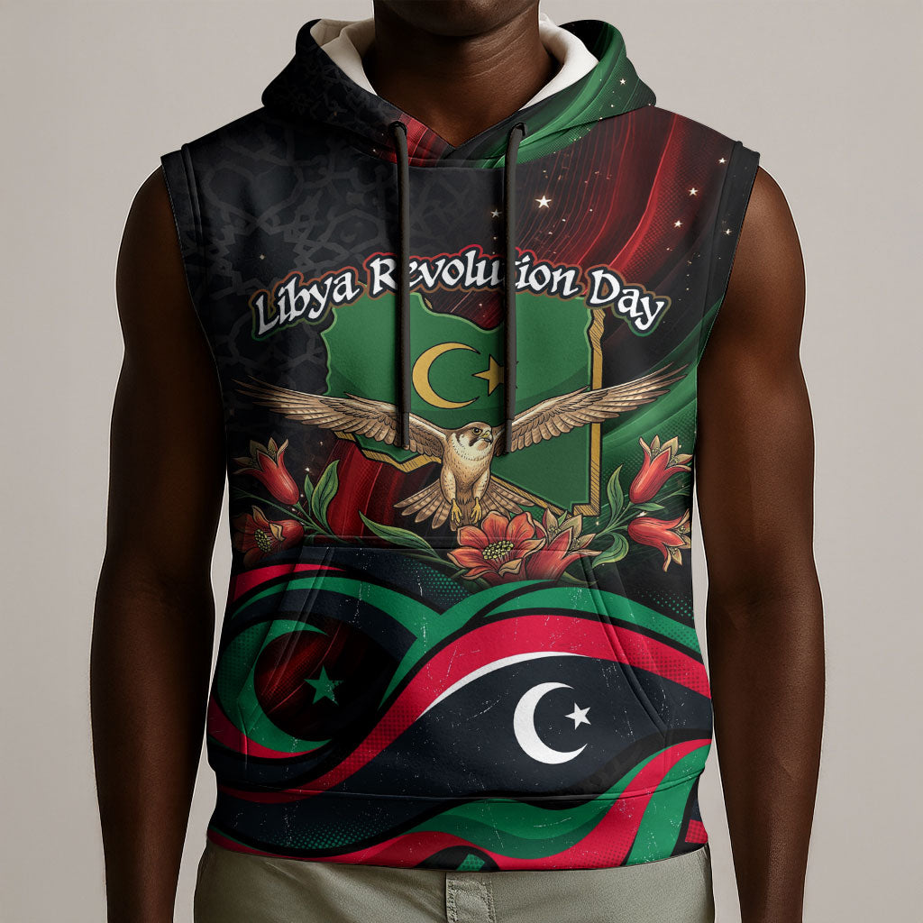 Libya Revolution Day Sleeveless Hoodie Flying Eagle Libyan Coat Of Arms Map - Land Of Resilience And Pride