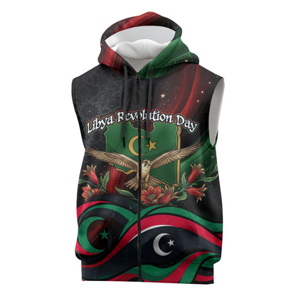 Libya Revolution Day Sleeveless Zip Hoodie Flying Eagle Libyan Coat Of Arms Map - Land Of Resilience And Pride