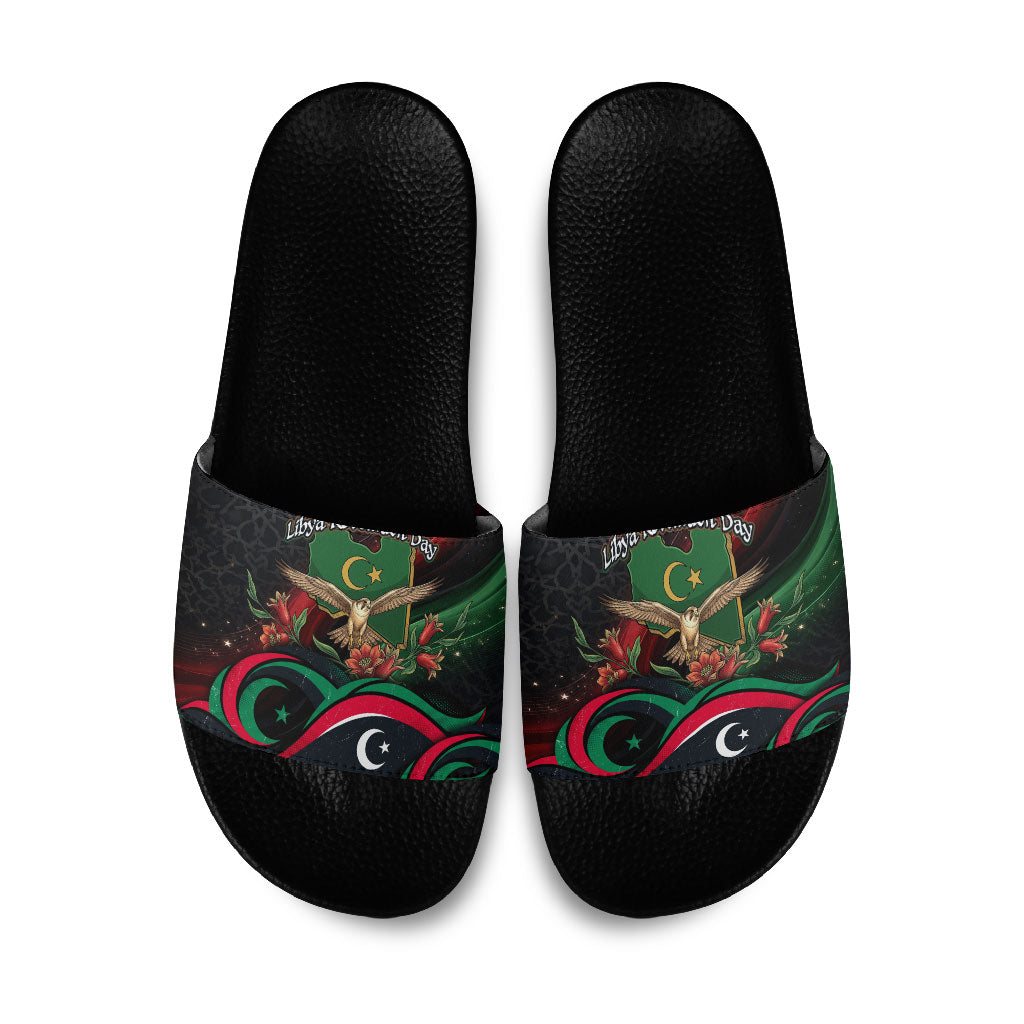 Libya Revolution Day Slide Sandals Flying Eagle Libyan Coat Of Arms Map - Land Of Resilience And Pride