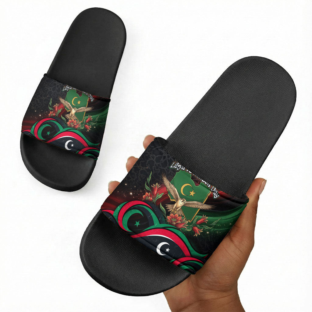 Libya Revolution Day Slide Sandals Flying Eagle Libyan Coat Of Arms Map - Land Of Resilience And Pride