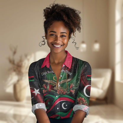 Libya Revolution Day Women Casual Shirt Flying Eagle Libyan Coat Of Arms Map - Land Of Resilience And Pride