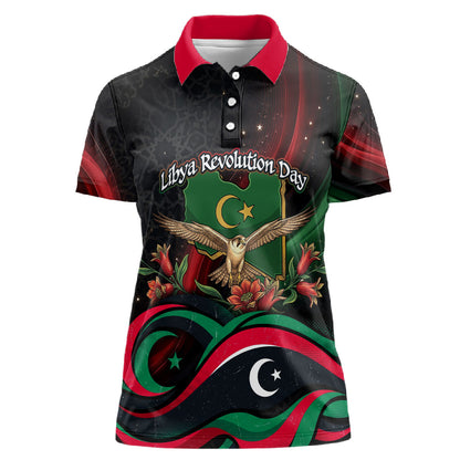 Libya Revolution Day Women Polo Shirt Flying Eagle Libyan Coat Of Arms Map - Land Of Resilience And Pride