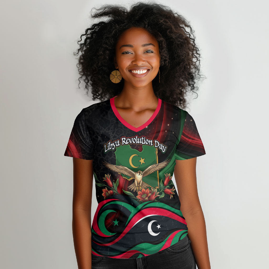 Libya Revolution Day Women V-Neck T-Shirt Flying Eagle Libyan Coat Of Arms Map - Land Of Resilience And Pride