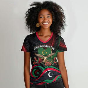 Libya Revolution Day Women V-Neck T-Shirt Flying Eagle Libyan Coat Of Arms Map - Land Of Resilience And Pride