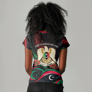 Libya Revolution Day Women V-Neck T-Shirt Flying Eagle Libyan Coat Of Arms Map - Land Of Resilience And Pride