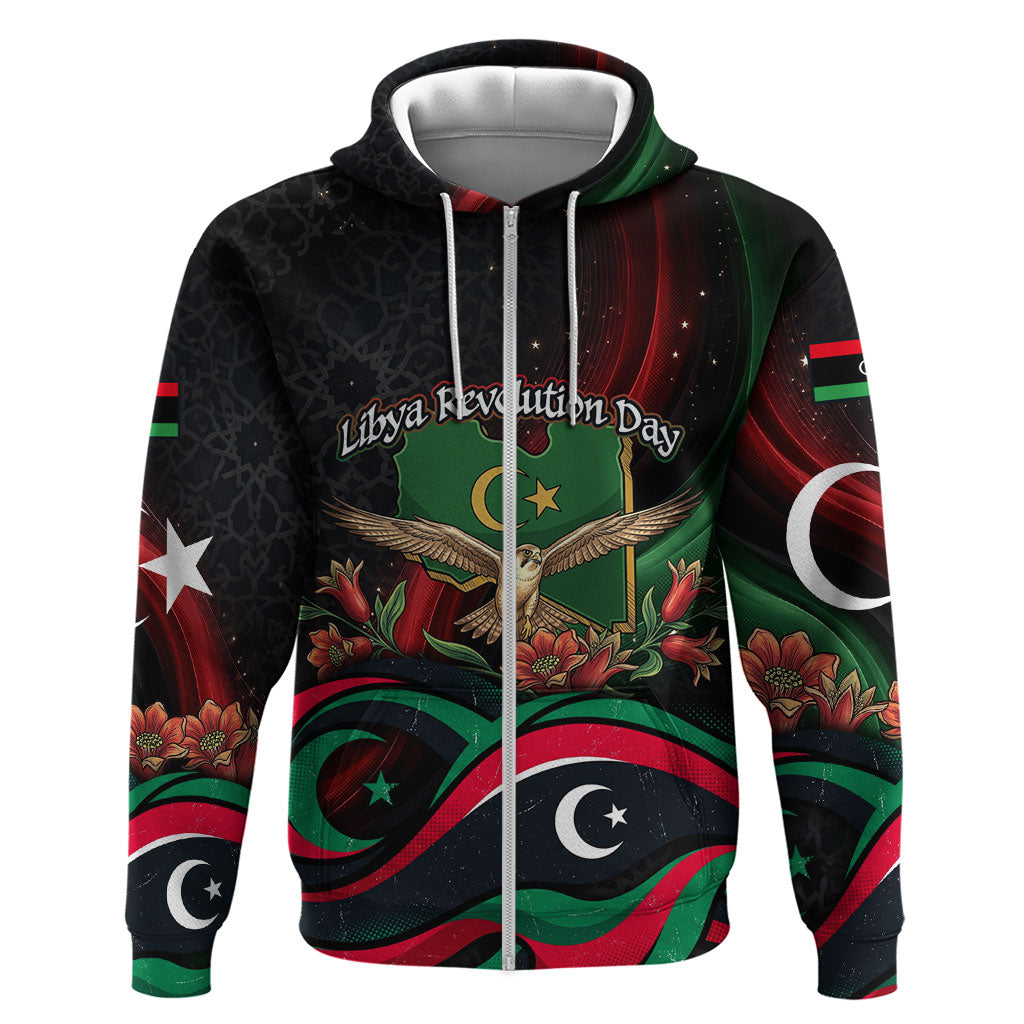 Libya Revolution Day Zip Hoodie Flying Eagle Libyan Coat Of Arms Map - Land Of Resilience And Pride