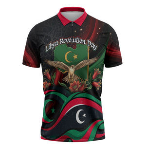Libya Revolution Day Zipper Polo Shirt Flying Eagle Libyan Coat Of Arms Map - Land Of Resilience And Pride