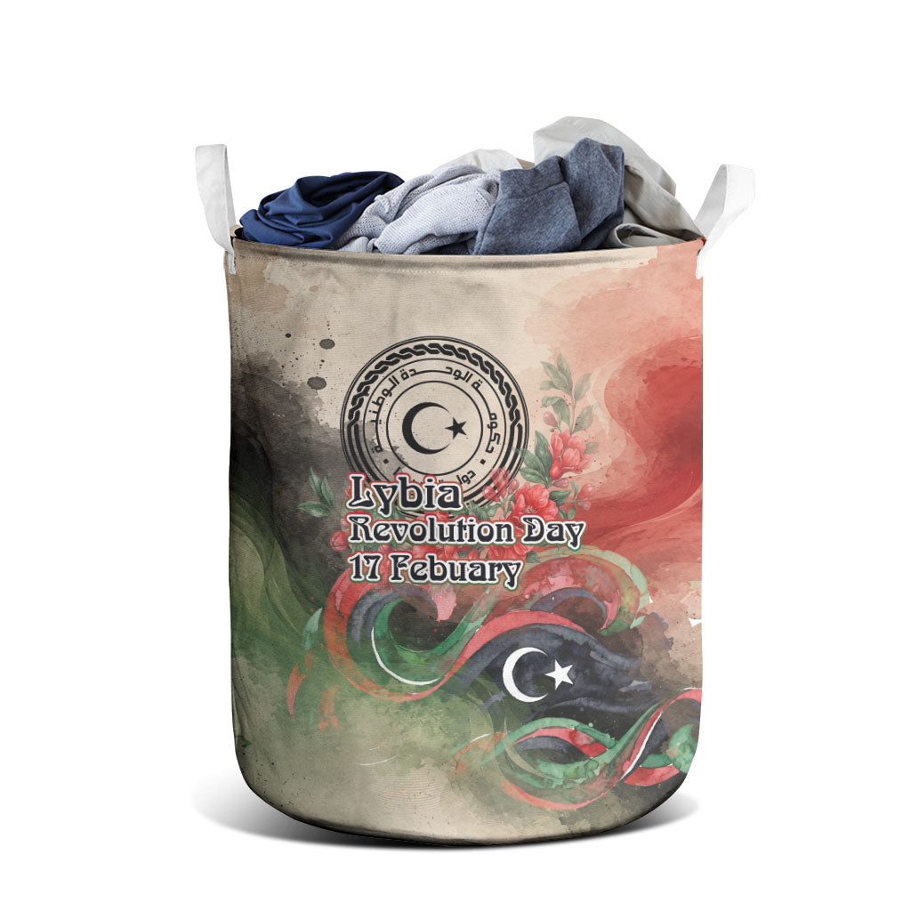 Libya Revolution Day Laundry Basket Libyan National Pride Watercolor Flag Waves Floral