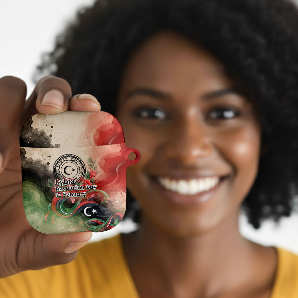 Libya Revolution Day AirPods Case Libyan National Pride Watercolor Flag Waves Floral