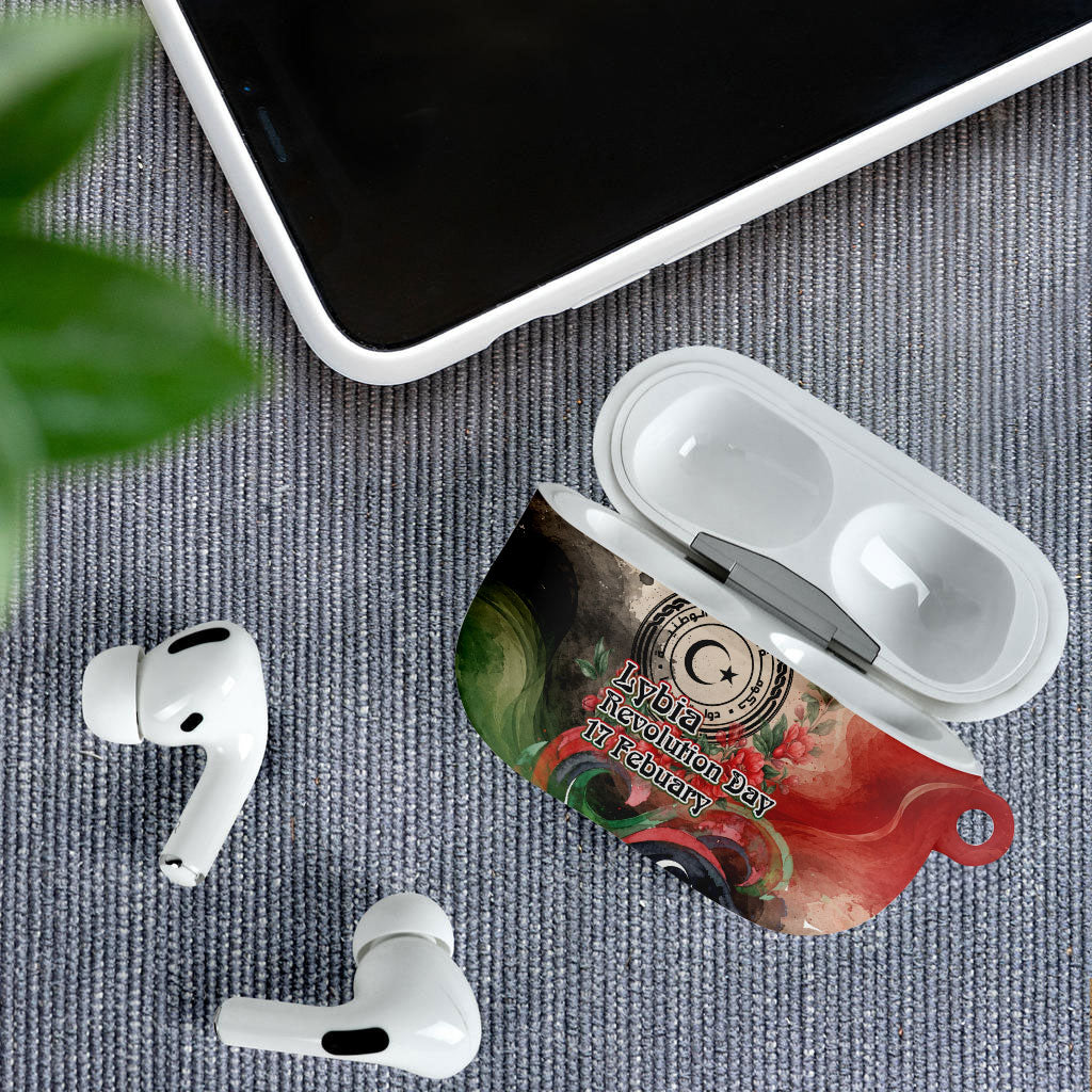 Libya Revolution Day AirPods Case Libyan National Pride Watercolor Flag Waves Floral