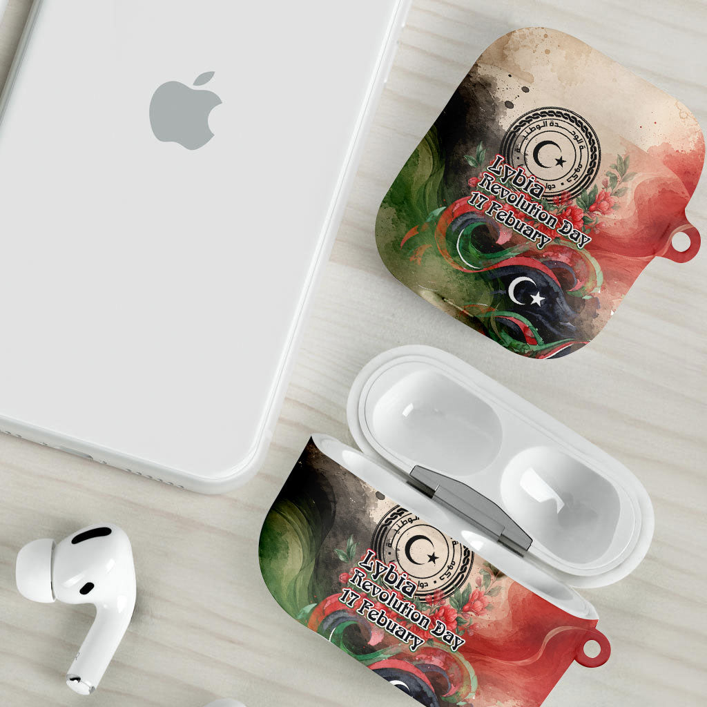 Libya Revolution Day AirPods Case Libyan National Pride Watercolor Flag Waves Floral