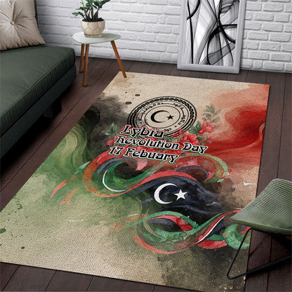 Libya Revolution Day Area Rug Libyan National Pride Watercolor Flag Waves Floral