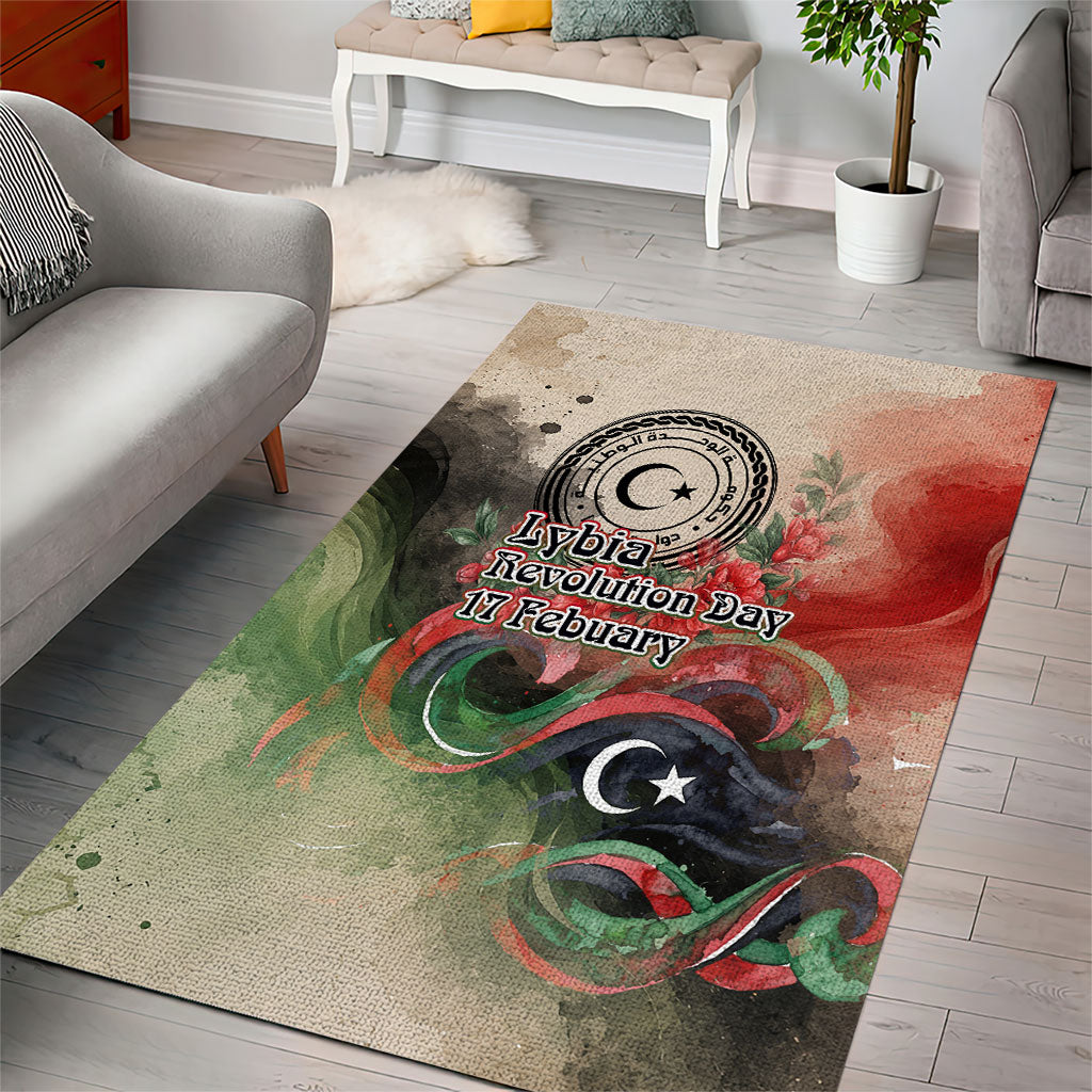 Libya Revolution Day Area Rug Libyan National Pride Watercolor Flag Waves Floral