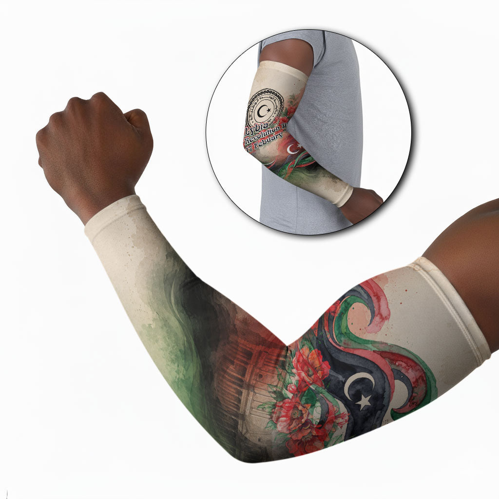 Libya Revolution Day Arm Sleeves Libyan National Pride Watercolor Flag Waves Floral