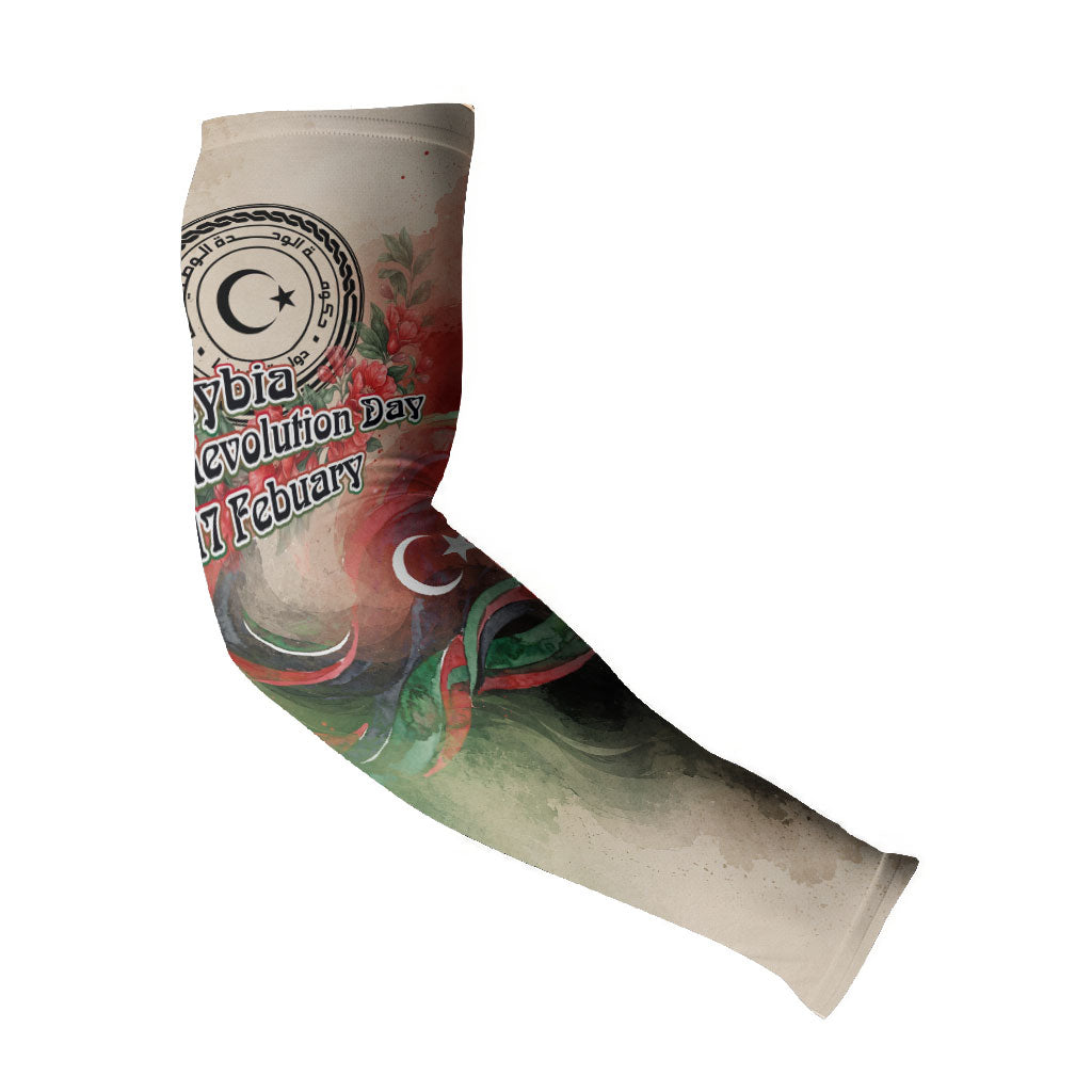 Libya Revolution Day Arm Sleeves Libyan National Pride Watercolor Flag Waves Floral