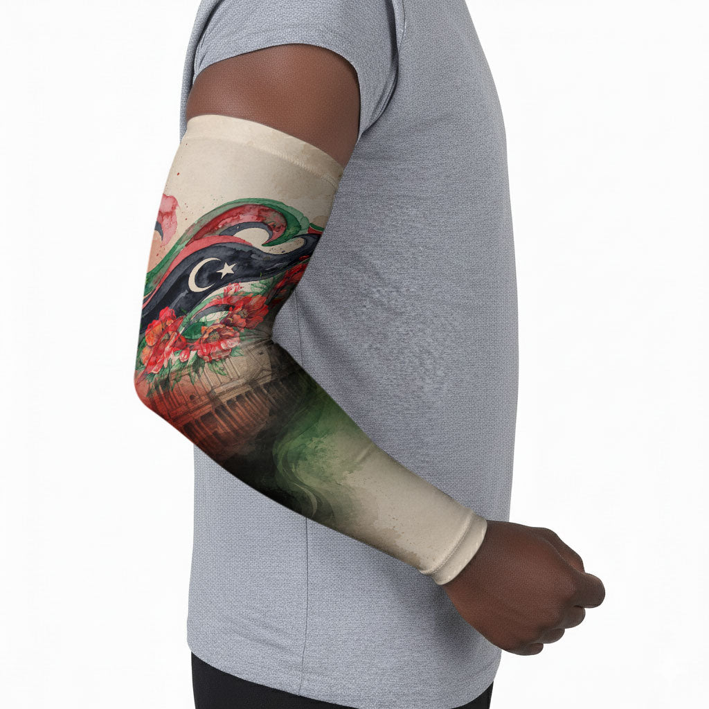 Libya Revolution Day Arm Sleeves Libyan National Pride Watercolor Flag Waves Floral