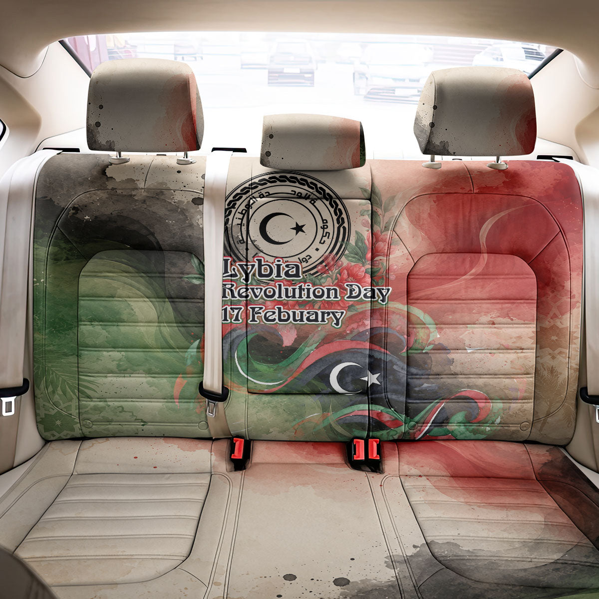 Libya Revolution Day Back Car Seat Cover Libyan National Pride Watercolor Flag Waves Floral