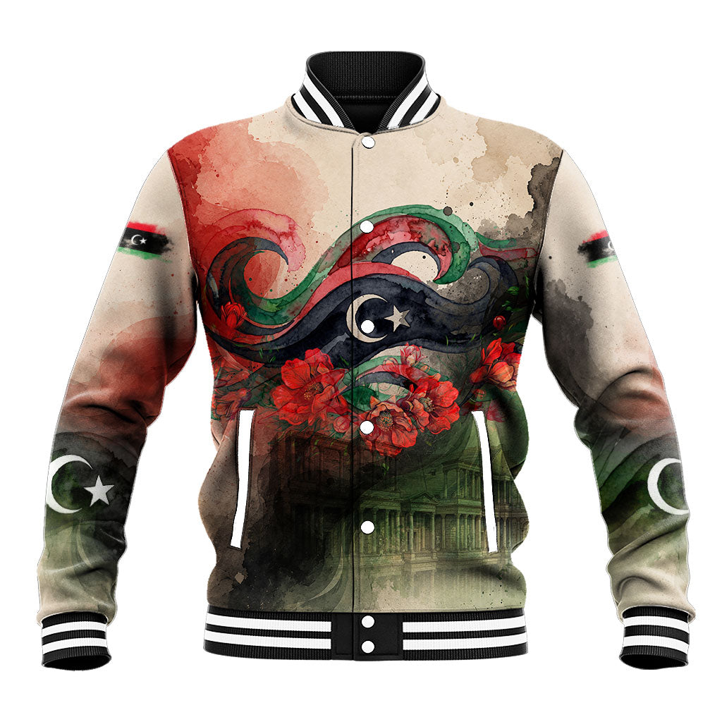Libya Revolution Day Baseball Jacket Libyan National Pride Watercolor Flag Waves Floral