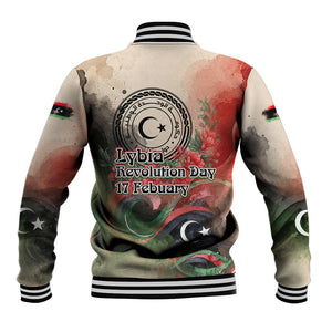 Libya Revolution Day Baseball Jacket Libyan National Pride Watercolor Flag Waves Floral